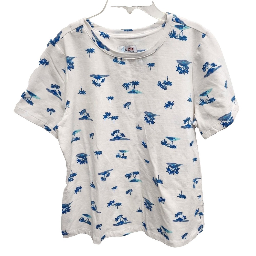 Denim & Co Top Womens Medium Blue White Palm Tree‎ Tropical Short Sleeve Tee